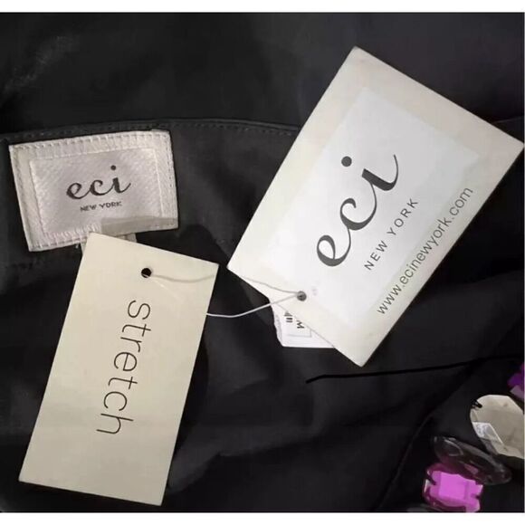 ECI New York Black Soft Satin Rhinestone Bell-Sleeve Blouse Size L Stretch Zip - Picture 8 of 12